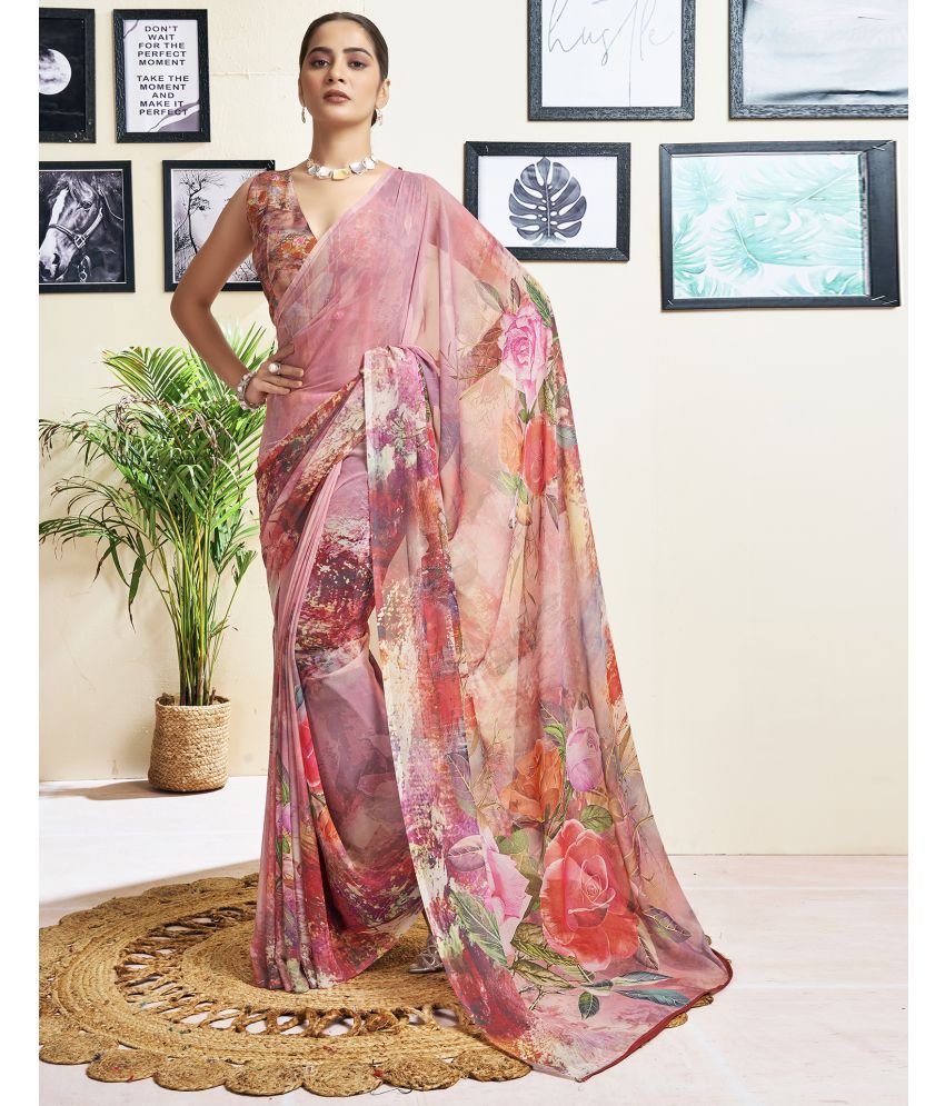     			Samah Georgette Printed Saree With Blouse Piece - Pink ( Pack of 1 )