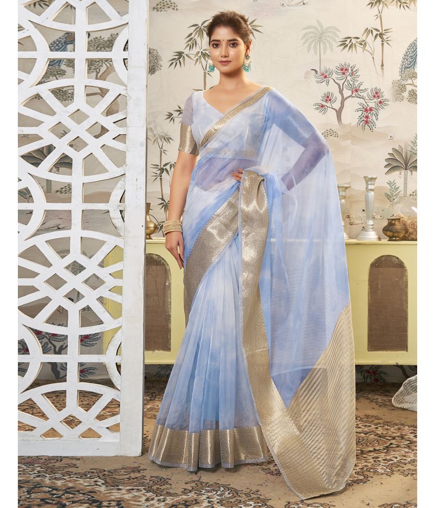     			Samah Organza Embellished Saree With Blouse Piece - Light Blue ( Pack of 1 )