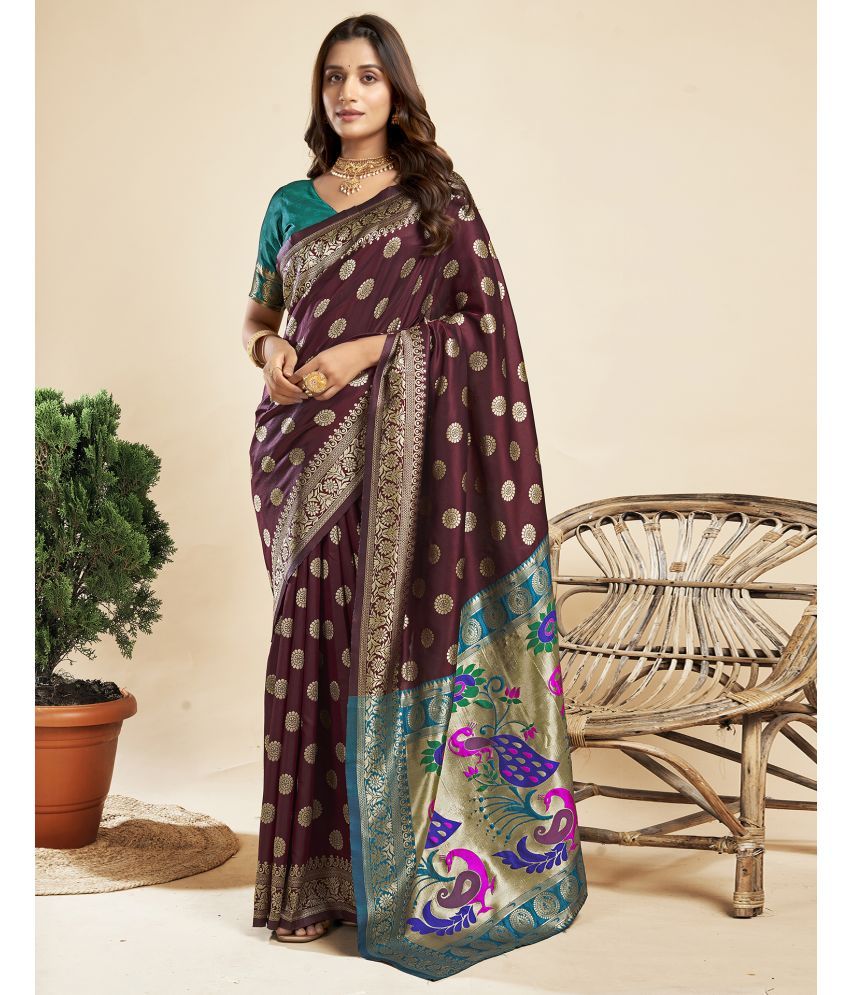     			Samah Silk Blend Printed Saree With Blouse Piece - Brown ( Pack of 1 )