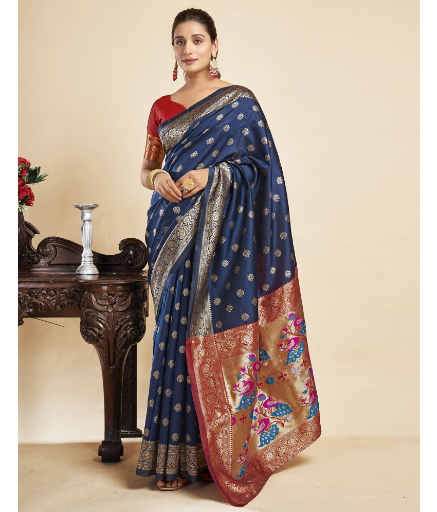     			Samah Silk Blend Printed Saree With Blouse Piece - Navy Blue ( Pack of 1 )