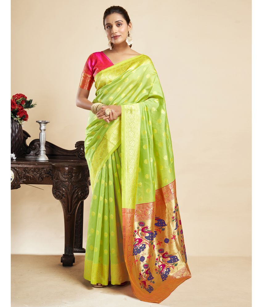     			Samah Silk Blend Printed Saree With Blouse Piece - Lime Green ( Pack of 1 )