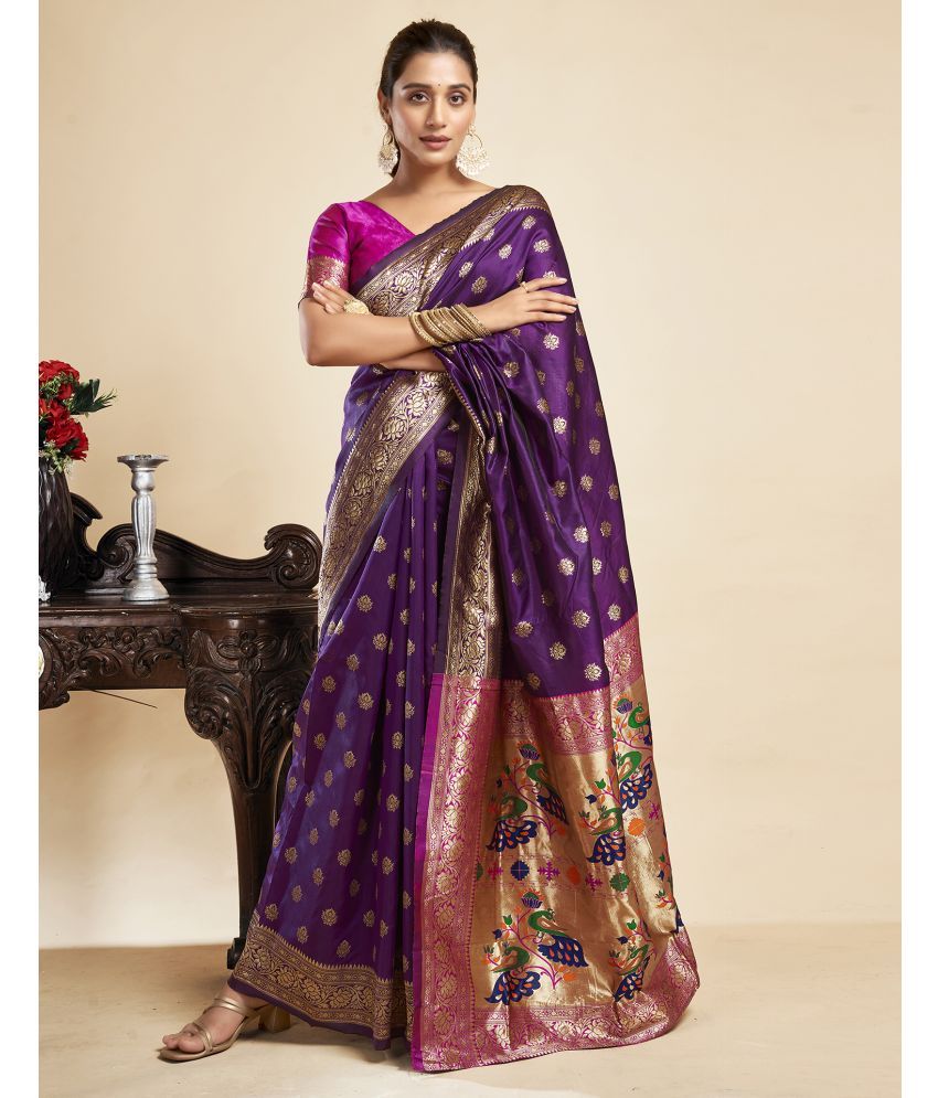     			Samah Silk Blend Printed Saree With Blouse Piece - Purple ( Pack of 1 )