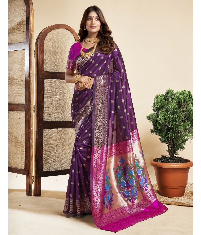     			Samah Silk Blend Printed Saree With Blouse Piece - Purple ( Pack of 1 )