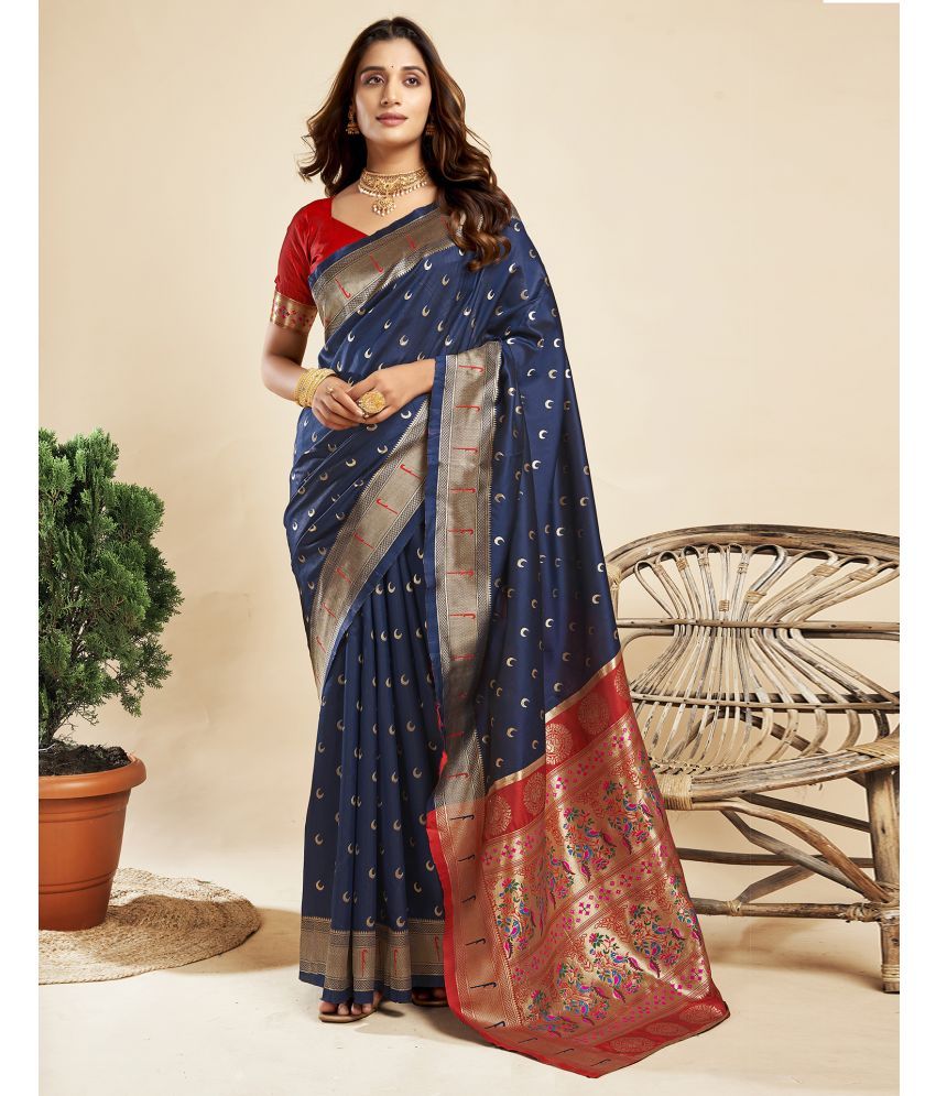     			Samah Silk Blend Printed Saree With Blouse Piece - Navy Blue ( Pack of 1 )