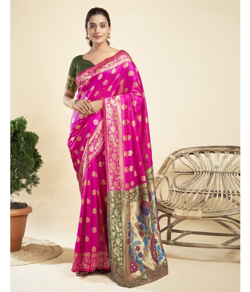     			Samah Silk Blend Printed Saree With Blouse Piece - Magenta ( Pack of 1 )