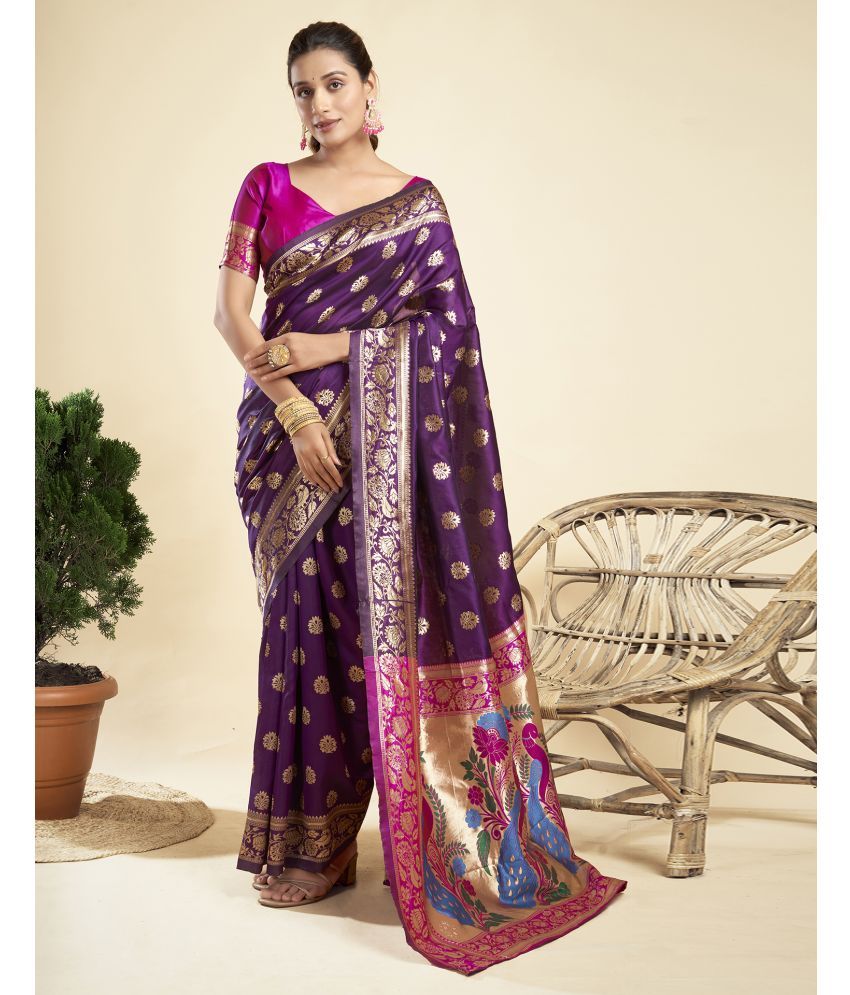     			Samah Silk Blend Printed Saree With Blouse Piece - Purple ( Pack of 1 )