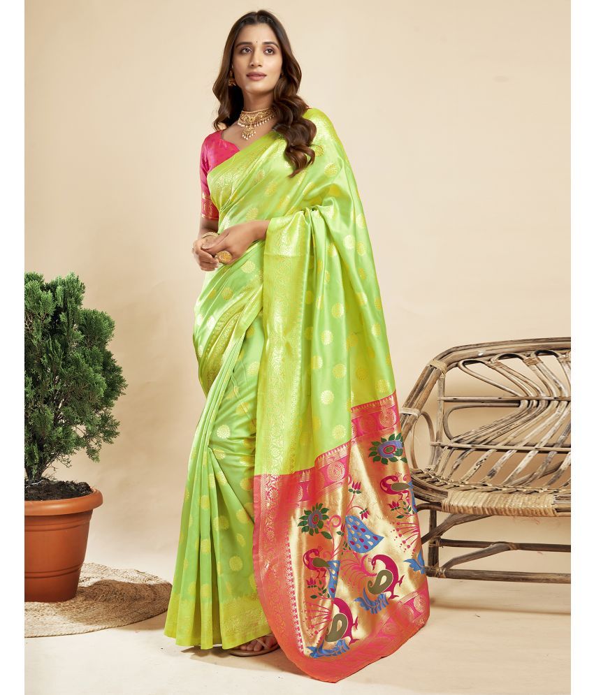     			Samah Silk Blend Printed Saree With Blouse Piece - Lime Green ( Pack of 1 )