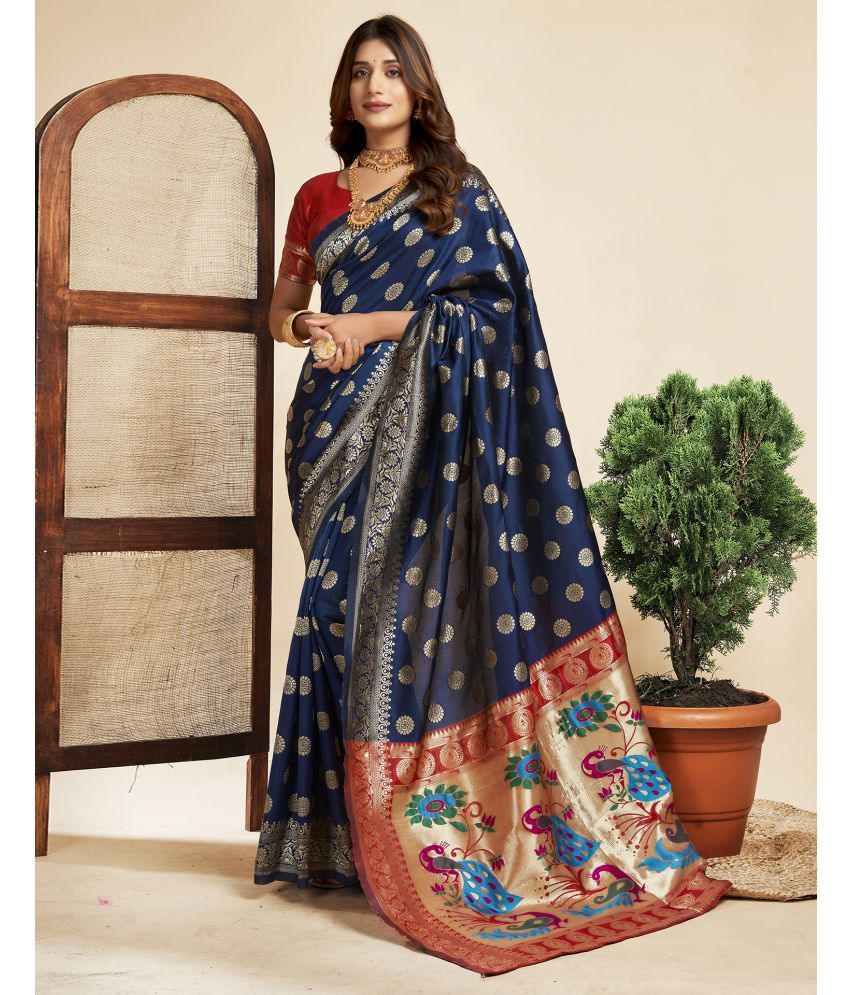     			Samah Silk Blend Printed Saree With Blouse Piece - Navy Blue ( Pack of 1 )