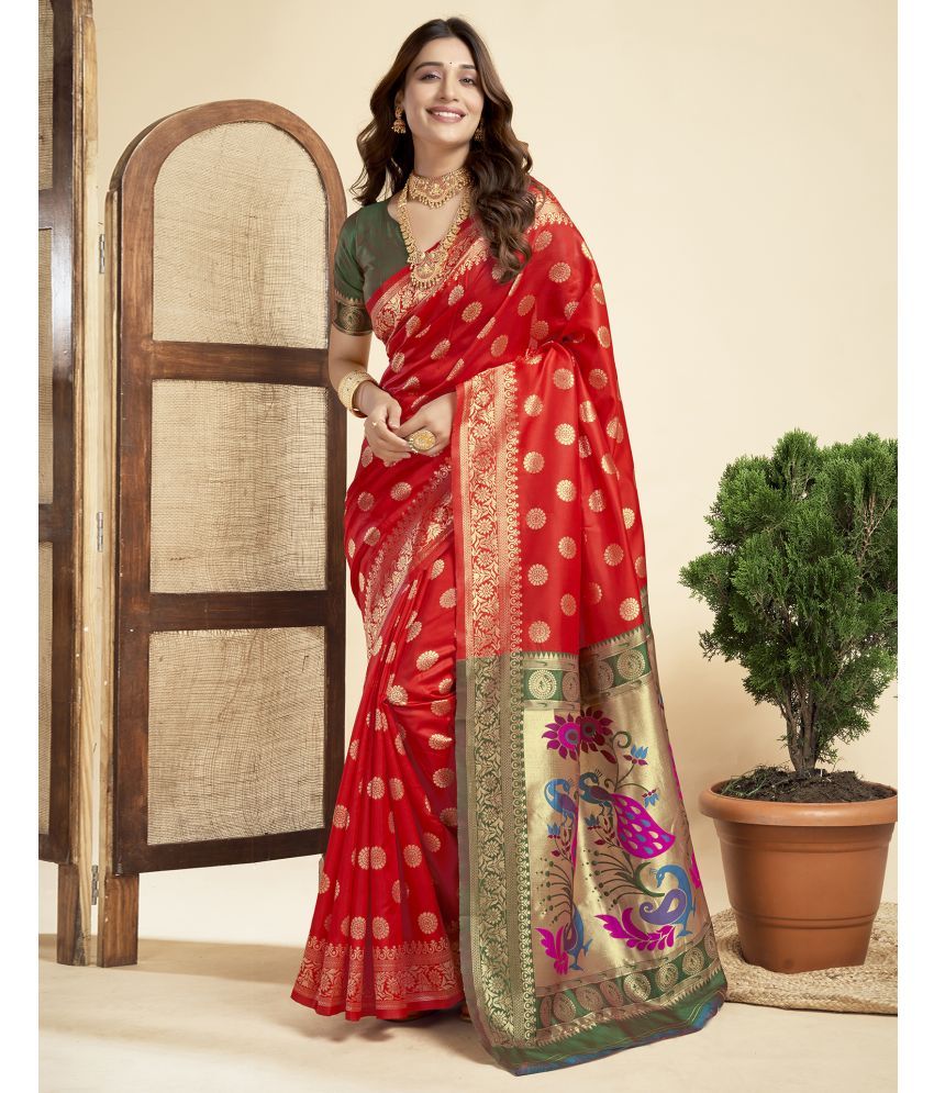     			Samah Silk Blend Printed Saree With Blouse Piece - Red ( Pack of 1 )