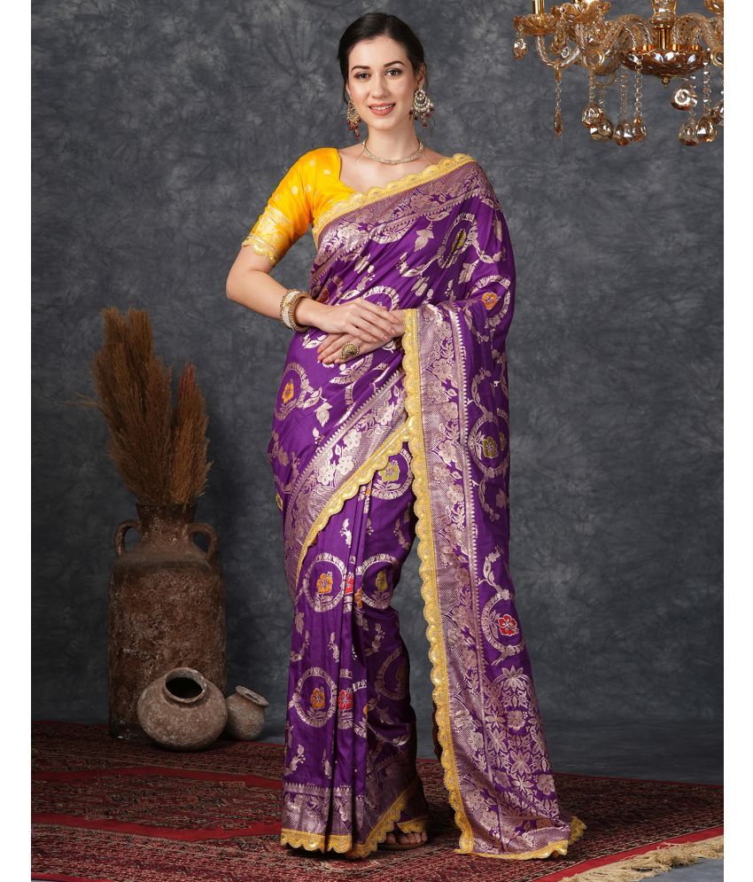     			Samah Silk Blend Printed Saree With Blouse Piece - Purple ( Pack of 1 )