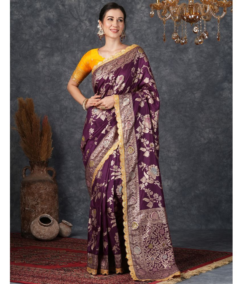     			Samah Silk Blend Printed Saree With Blouse Piece - Wine ( Pack of 1 )