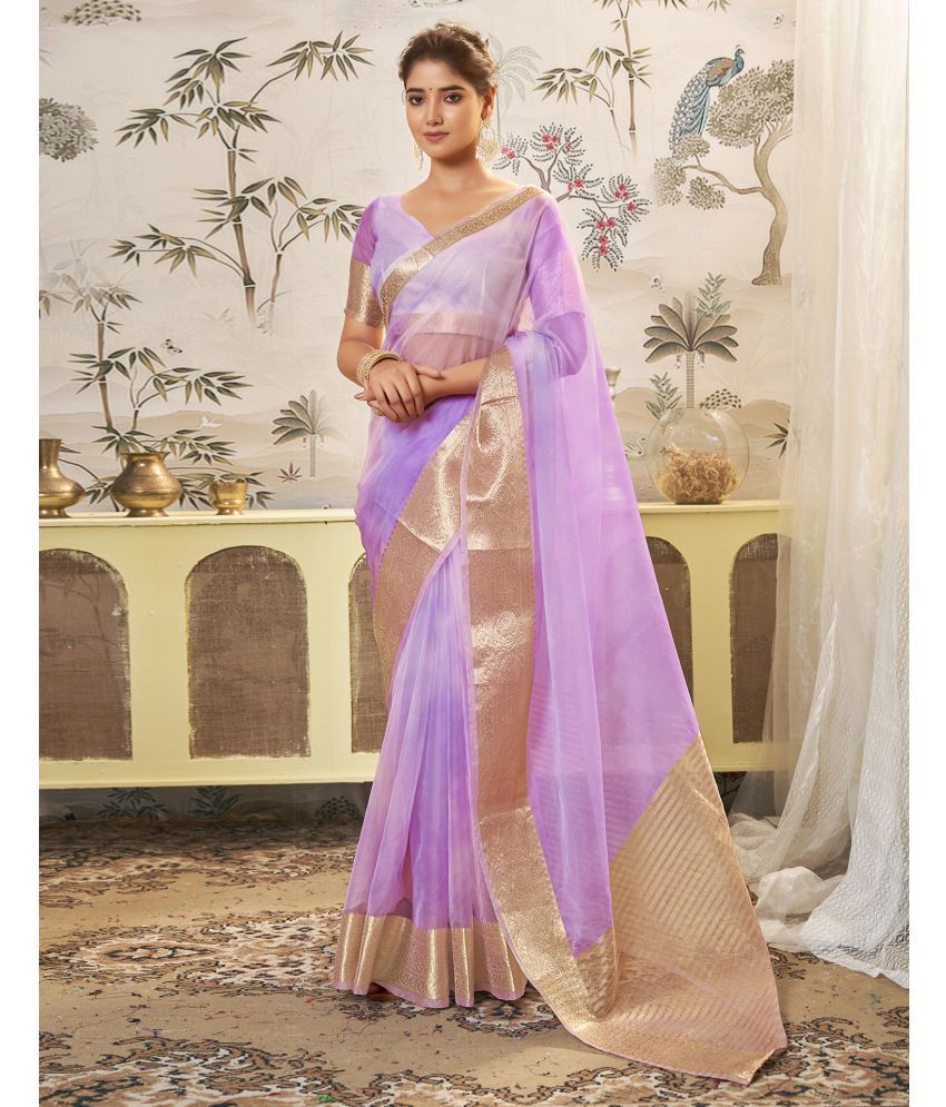     			Satrani Organza Embellished Saree With Blouse Piece - Purple ( Pack of 1 )