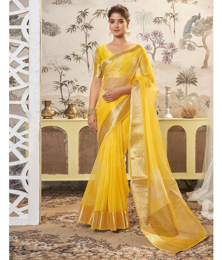     			Satrani Organza Embellished Saree With Blouse Piece - Yellow ( Pack of 1 )