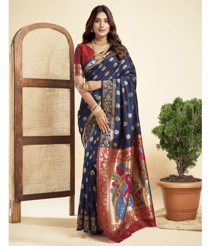     			Satrani Silk Blend Embellished Saree With Blouse Piece - Navy Blue ( Pack of 1 )