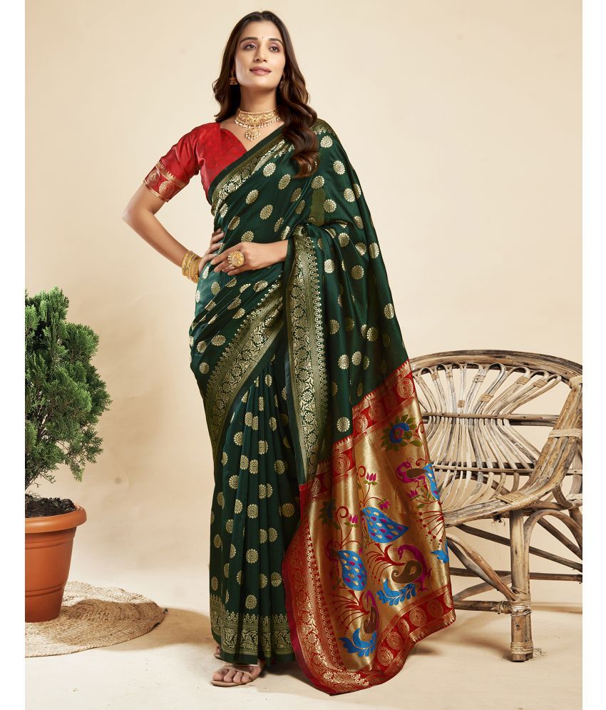     			Satrani Silk Blend Embellished Saree With Blouse Piece - Green ( Pack of 1 )