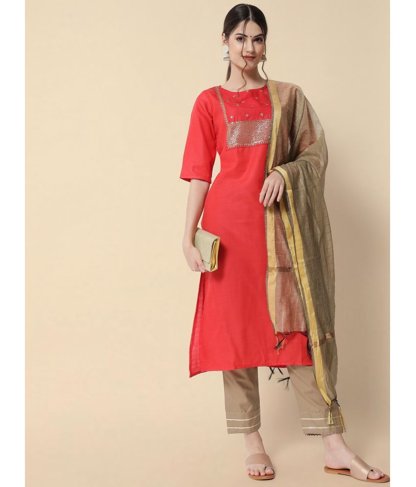     			VredeVogel Cotton Blend Embellished Kurti With Pants Women's Stitched Salwar Suit - Red ( Pack of 1 )