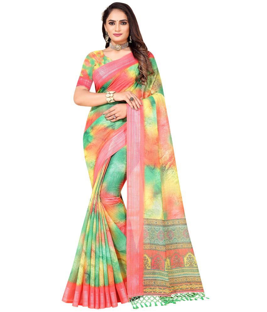     			AMTHI Linen Dyed Saree With Blouse Piece - Multicolour ( Pack of 1 )