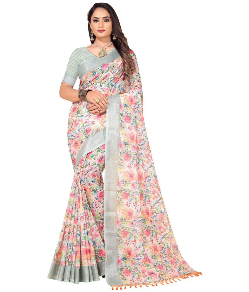     			AMTHI Linen Printed Saree With Blouse Piece - Multicolour ( Pack of 1 )