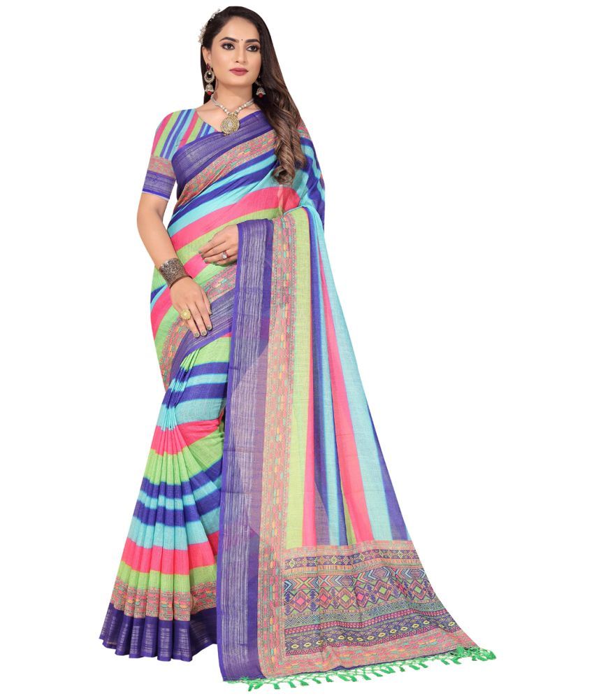     			AMTHI Linen Striped Saree With Blouse Piece - Multicolour ( Pack of 1 )