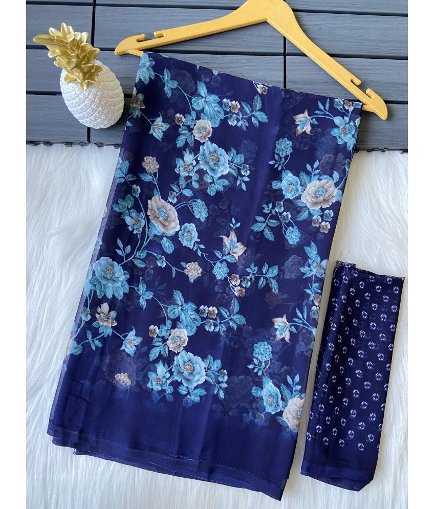     			BHAVIKA SILK MILLS Georgette Printed Saree With Blouse Piece - Navy Blue ( Pack of 1 )