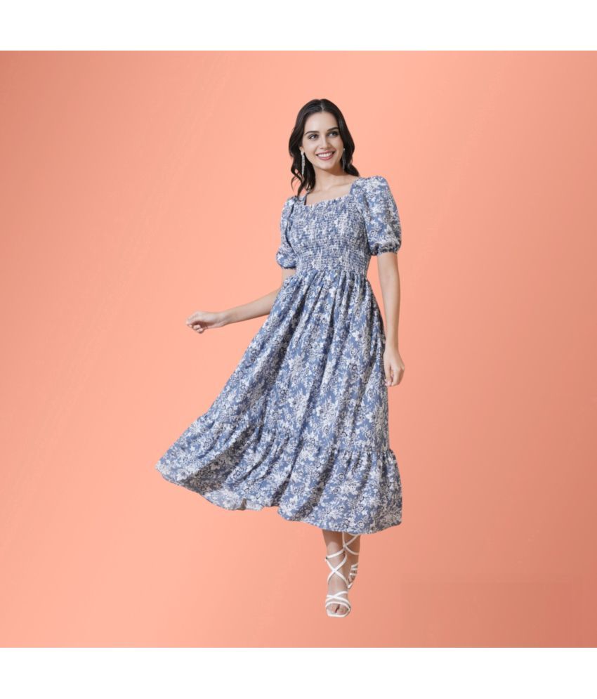     			Femvy Polyester Printed Midi Women's Fit & Flare Dress - Blue ( Pack of 1 )