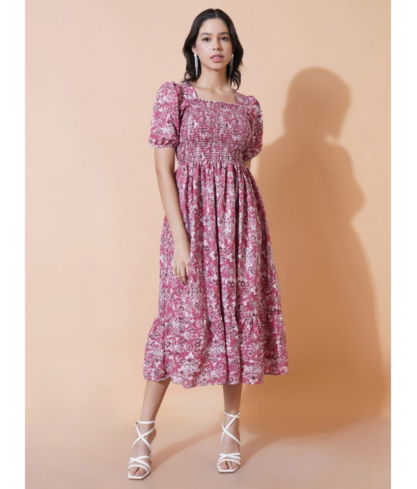     			Femvy Polyester Printed Midi Women's Fit & Flare Dress - Pink ( Pack of 1 )