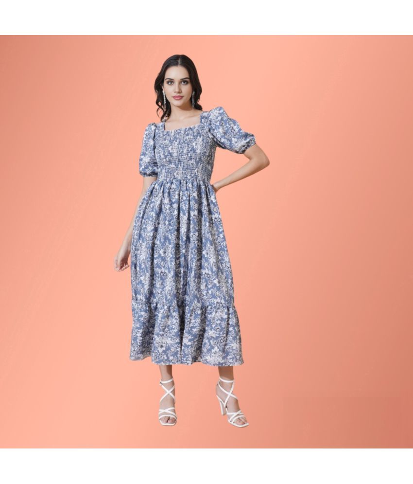     			Femvy Polyester Printed Midi Women's Fit & Flare Dress - Blue ( Pack of 1 )