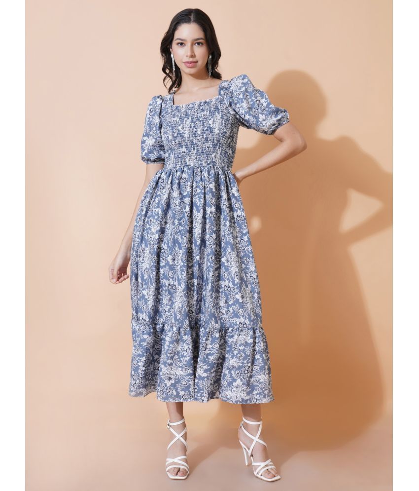     			Femvy Polyester Printed Midi Women's Fit & Flare Dress - Blue ( Pack of 1 )