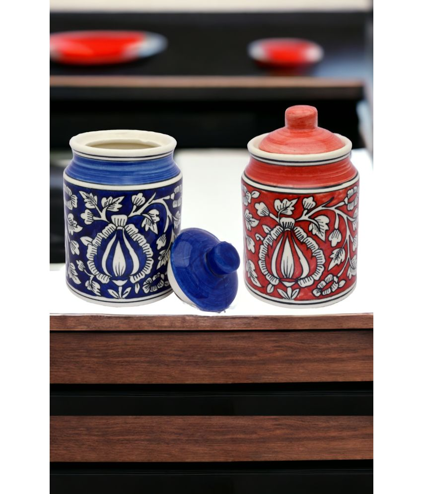     			Malaikah Red Blu Pickle Jar Ceramic Multicolor Pickle Container ( Set of 2 )