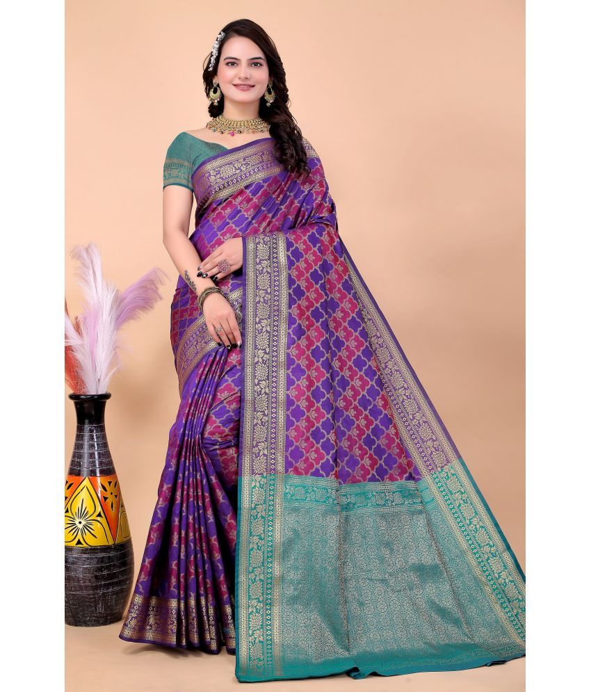     			Raj Vivah Silk Blend Embellished Saree With Blouse Piece - Purple ( Pack of 1 )