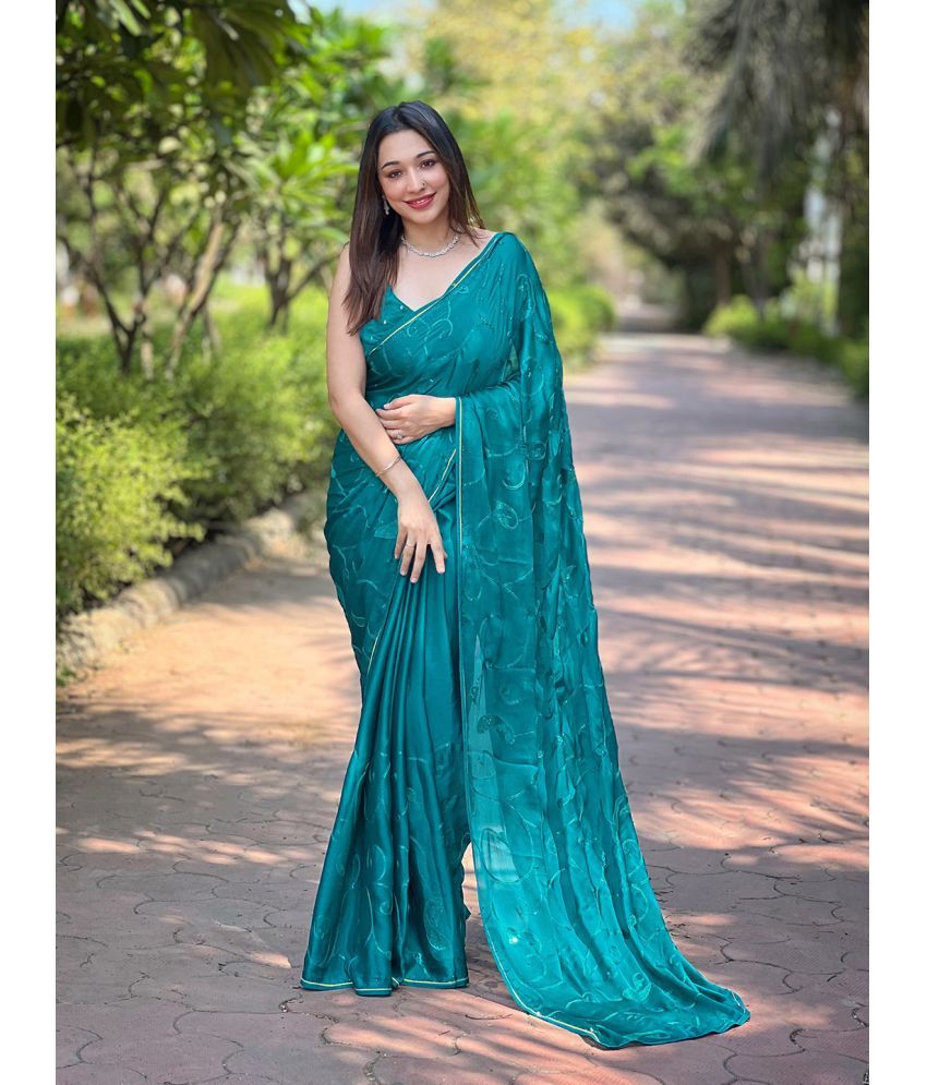     			Rekha Maniyar Satin Embellished Saree With Blouse Piece - Teal ( Pack of 1 )