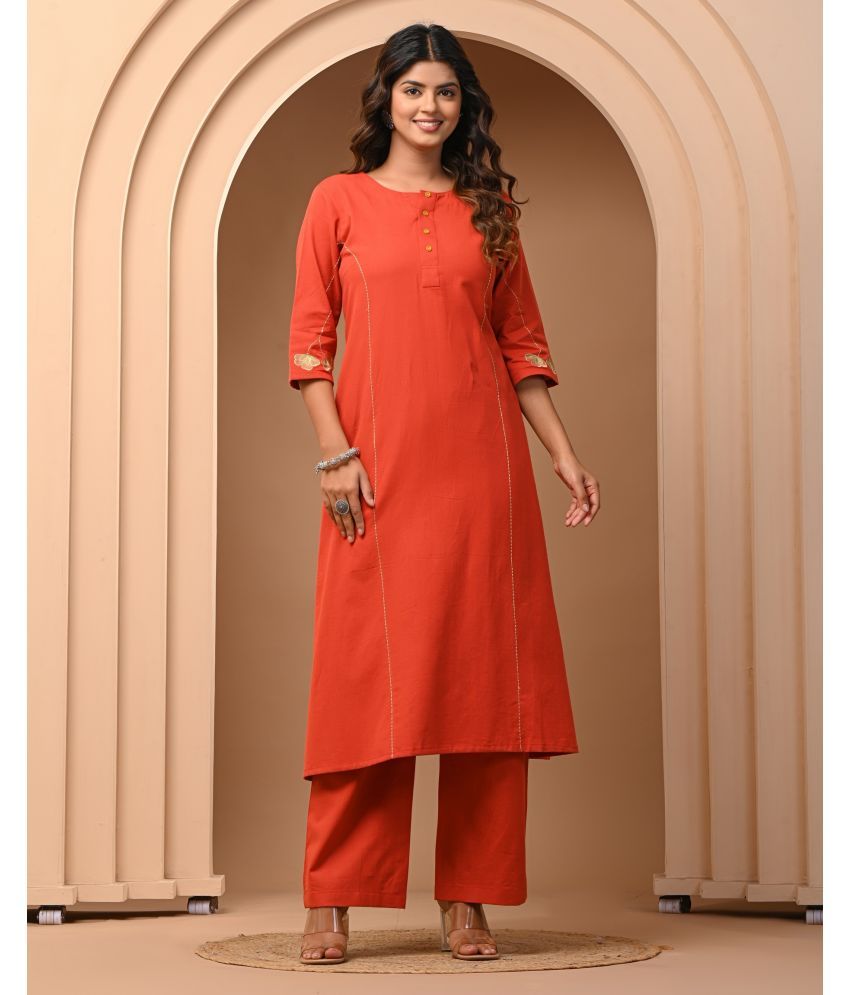     			Vbuyz Cotton Blend Embroidered Kurti With Pants Women's Stitched Salwar Suit - Orange ( Pack of 1 )