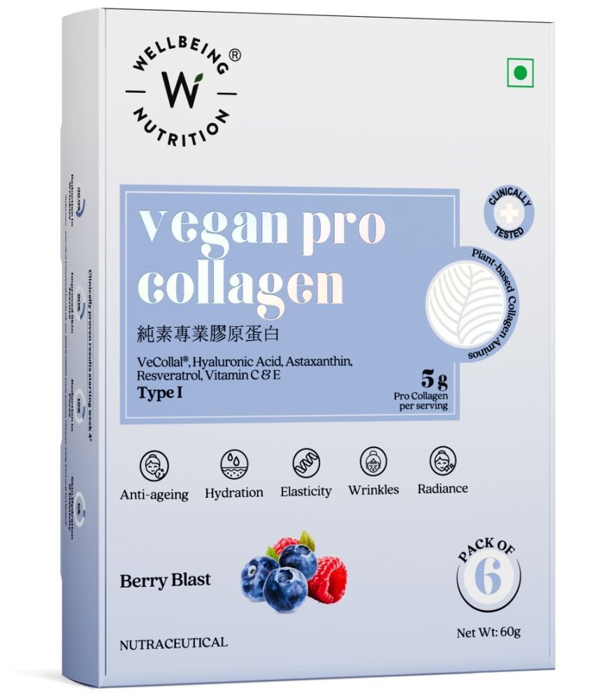     			Wellbeing Nutrition Vegan Pro Collagen | Clinically Proven Plant Based Peptides, Hyaluronic acid, Astaxanthin, Resveratrol | Berry Blast 6 Sachets