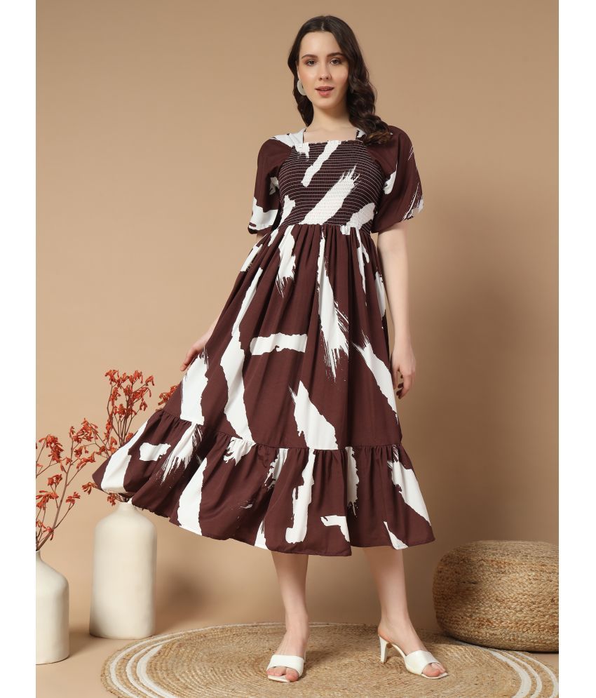     			ZWERLON Crepe Printed Midi Women's Fit & Flare Dress - Coffee ( Pack of 1 )