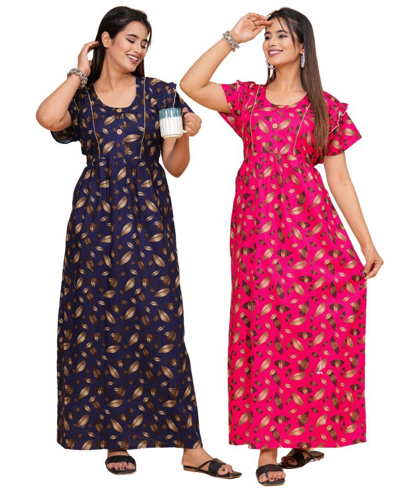     			hargun night wear Pink,Navy Blue Cotton Women's Nightwear Nighty & Night Gowns ( Pack of 2 )