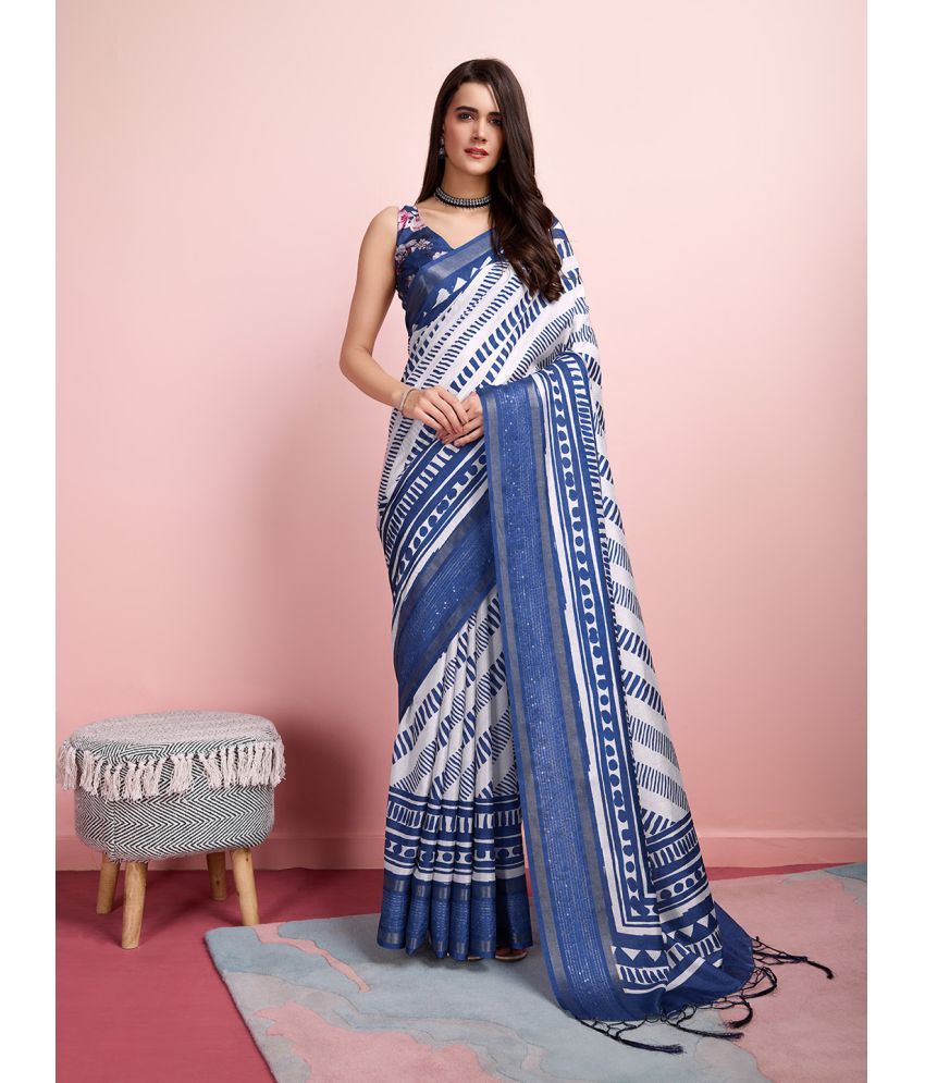     			Rekha Maniyar Silk Blend Printed Saree With Blouse Piece - Blue ( Pack of 1 )