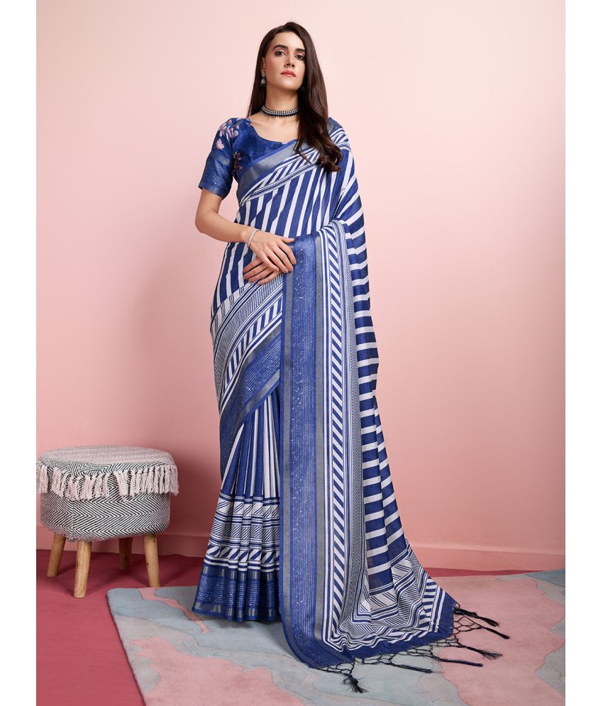     			Rekha Maniyar Silk Blend Striped Saree With Blouse Piece - Blue ( Pack of 1 )