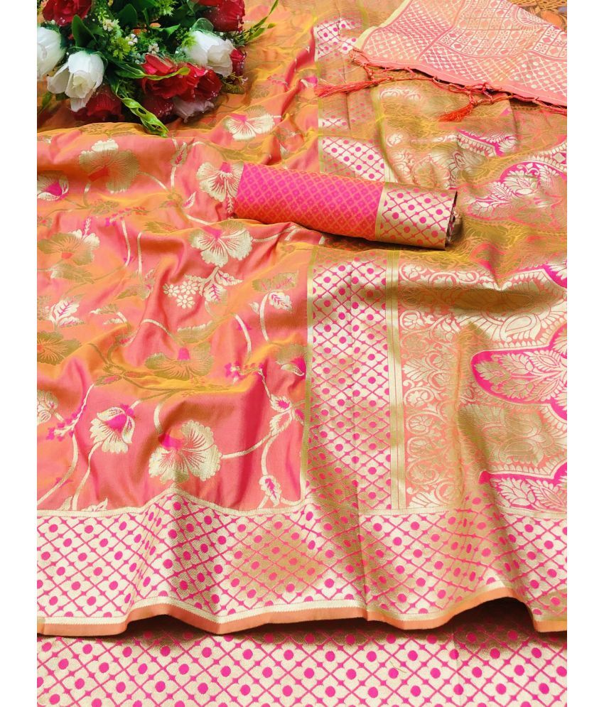     			SSP TEX Banarasi Silk Self Design Saree With Blouse Piece - Peach ( Pack of 1 )