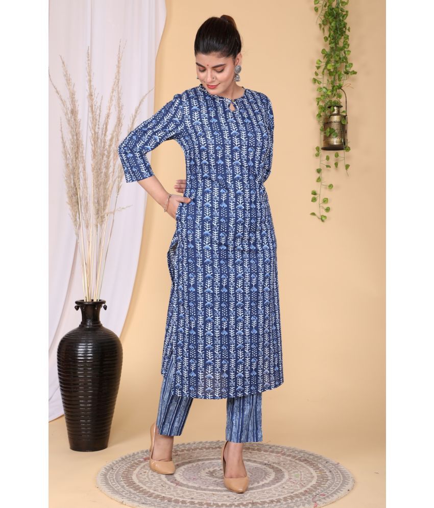     			Sarli Cotton Printed Kurti With Pants Women's Stitched Salwar Suit - Blue ( Pack of 1 )