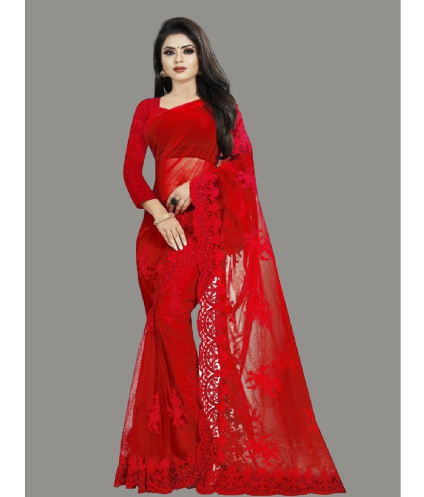     			Aika Net Embroidered Saree With Blouse Piece - Red ( Pack of 1 )