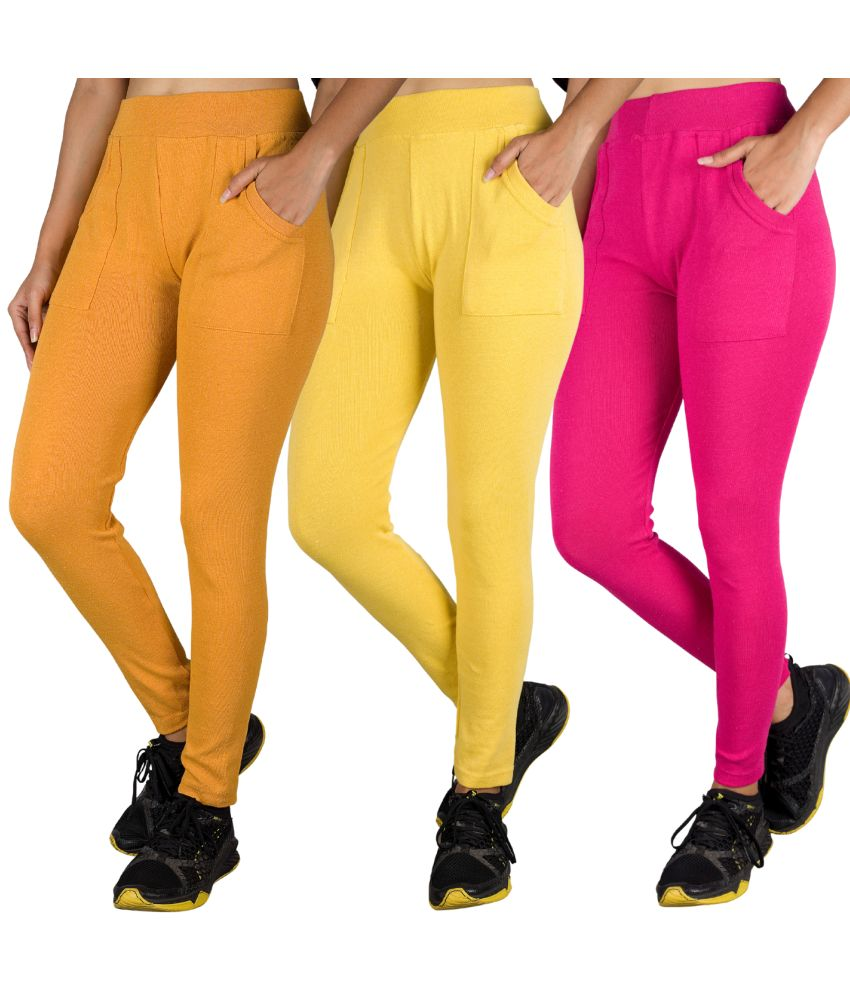     			KARARO JEGGINGS - Cotton Blend Skinny Fit Yellow Women's Jeggings ( Pack of 3 )