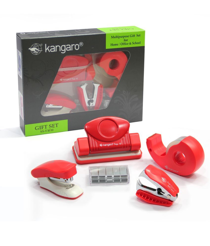     			Kangaro Desk Essentials SS-T10M Combo Multipurpose Gift Pack | Stationery Gift Set | Stapler, Staples, Paper Punch, Tape Dispenser & Staple Remover Combo Pack | Red, Pack of 1