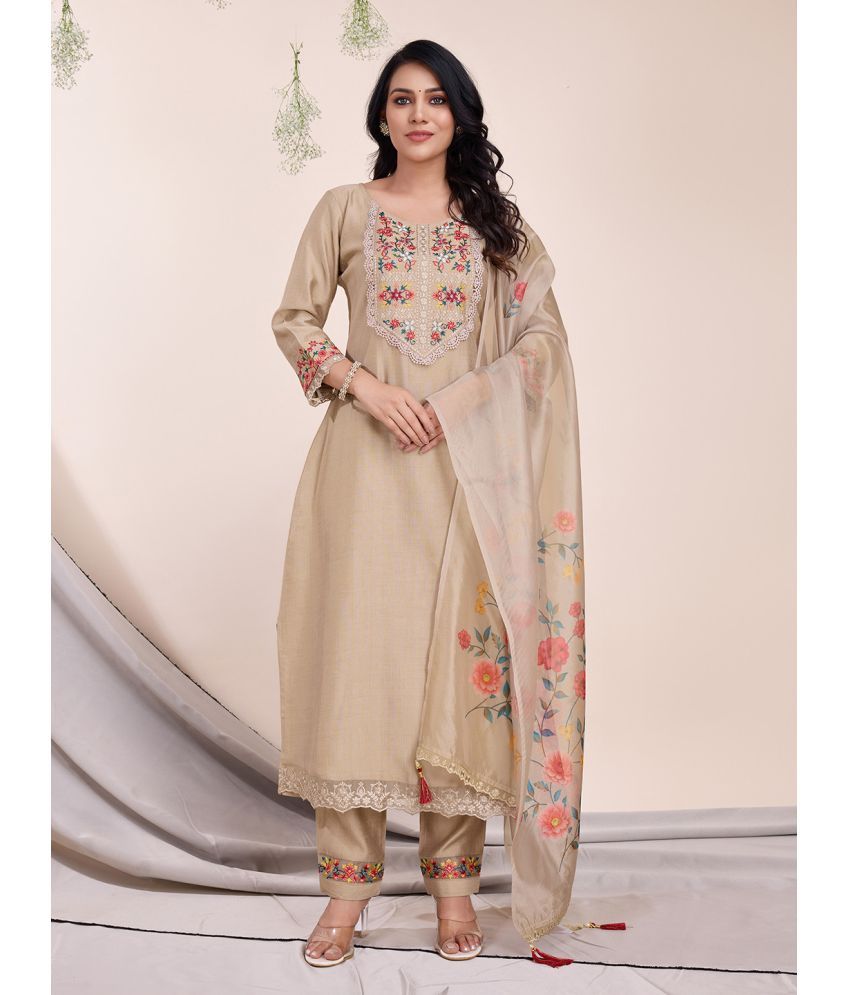     			MOJILAA Viscose Embroidered Kurti With Pants Women's Stitched Salwar Suit - Khaki ( Pack of 1 )