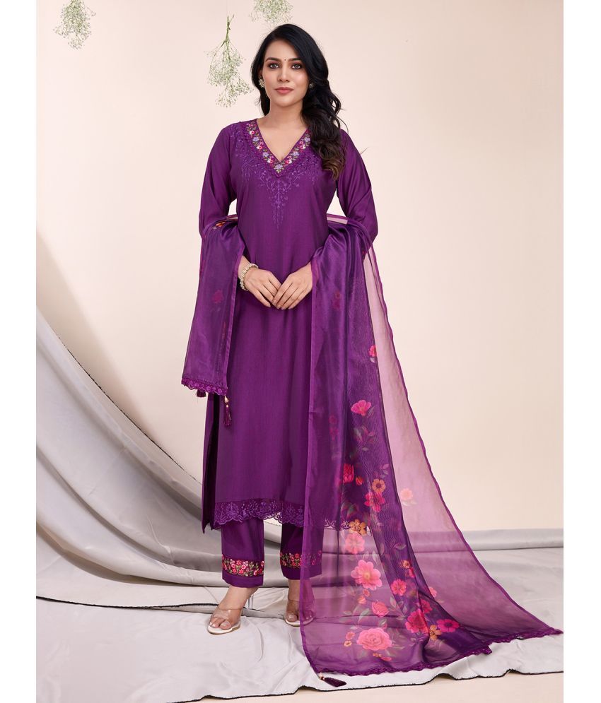     			MOJILAA Viscose Embroidered Kurti With Pants Women's Stitched Salwar Suit - Purple ( Pack of 1 )