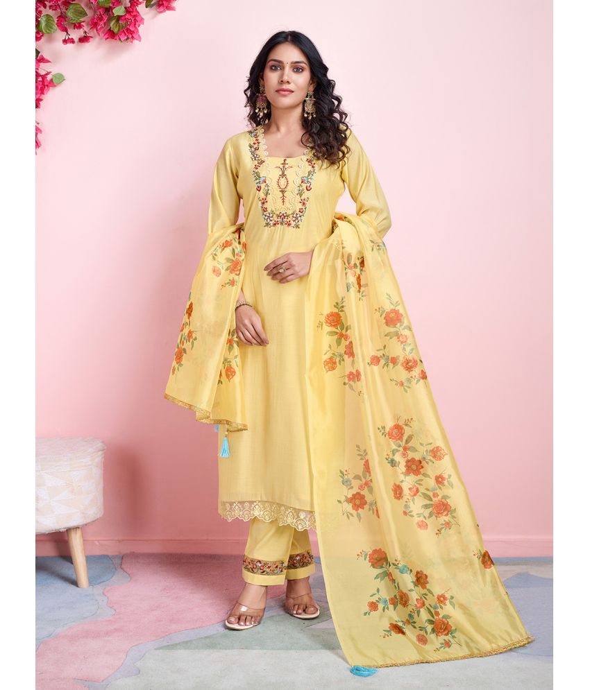     			MOJILAA Viscose Embroidered Kurti With Pants Women's Stitched Salwar Suit - Yellow ( Pack of 1 )