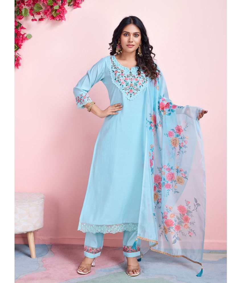     			MOJILAA Viscose Embroidered Kurti With Pants Women's Stitched Salwar Suit - Light Blue ( Pack of 1 )