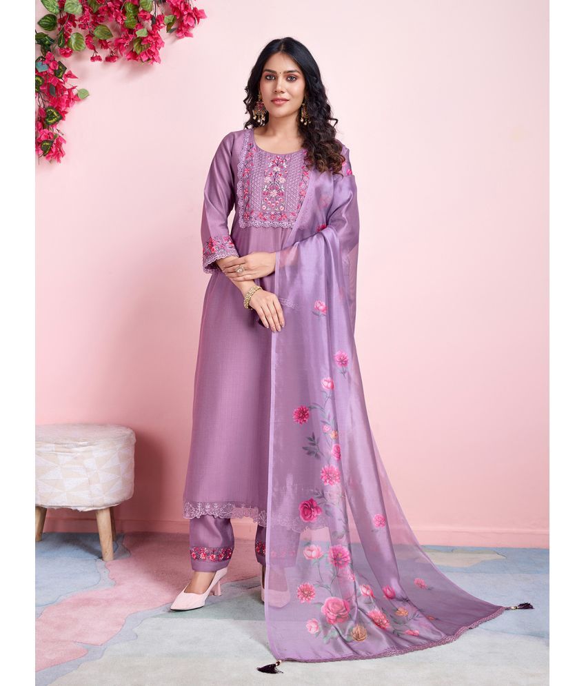     			MOJILAA Viscose Embroidered Kurti With Pants Women's Stitched Salwar Suit - Lavender ( Pack of 1 )