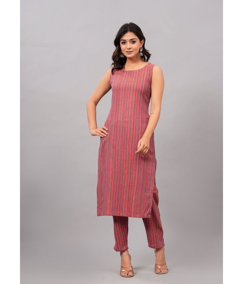     			Maquien Cotton Blend Striped Kurti With Pants Women's Stitched Salwar Suit - Peach ( Pack of 1 )