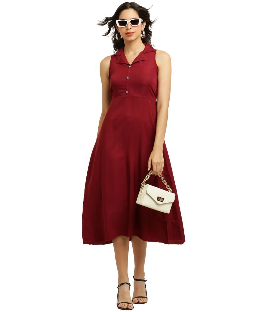     			READYON Crepe Solid Midi Women's Fit & Flare Dress - Maroon ( Pack of 1 )