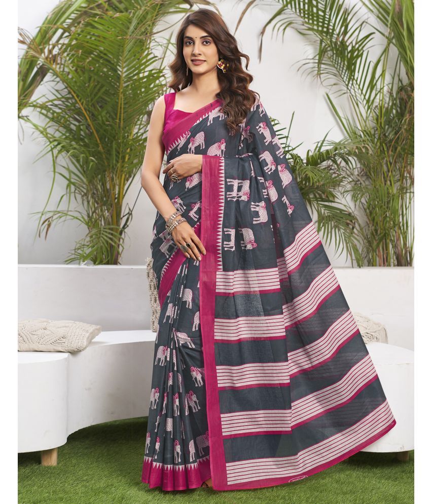     			Samah Cotton Printed Saree With Blouse Piece - Grey ( Pack of 1 )